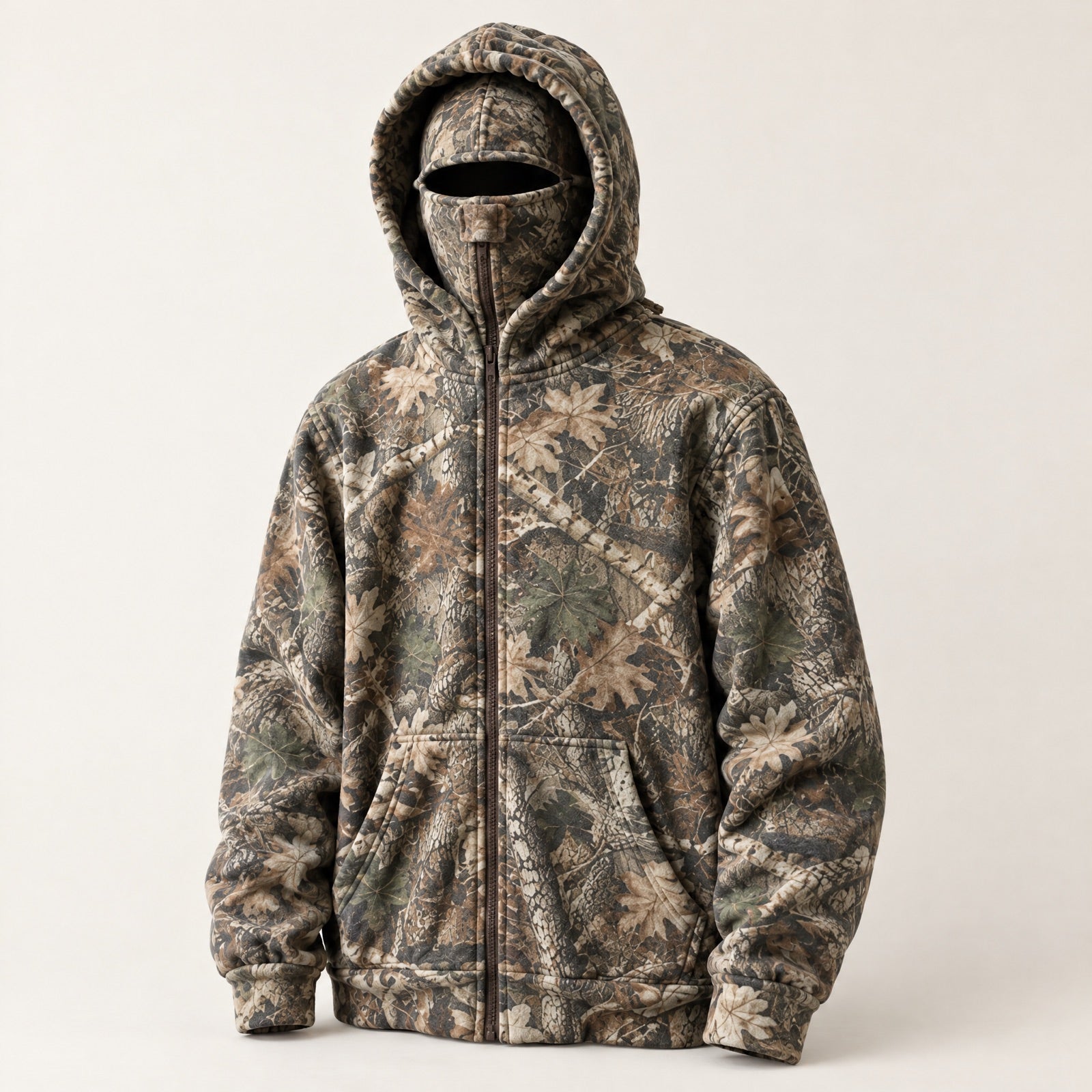 Hunter hoodie zipped into the built-in face mask
