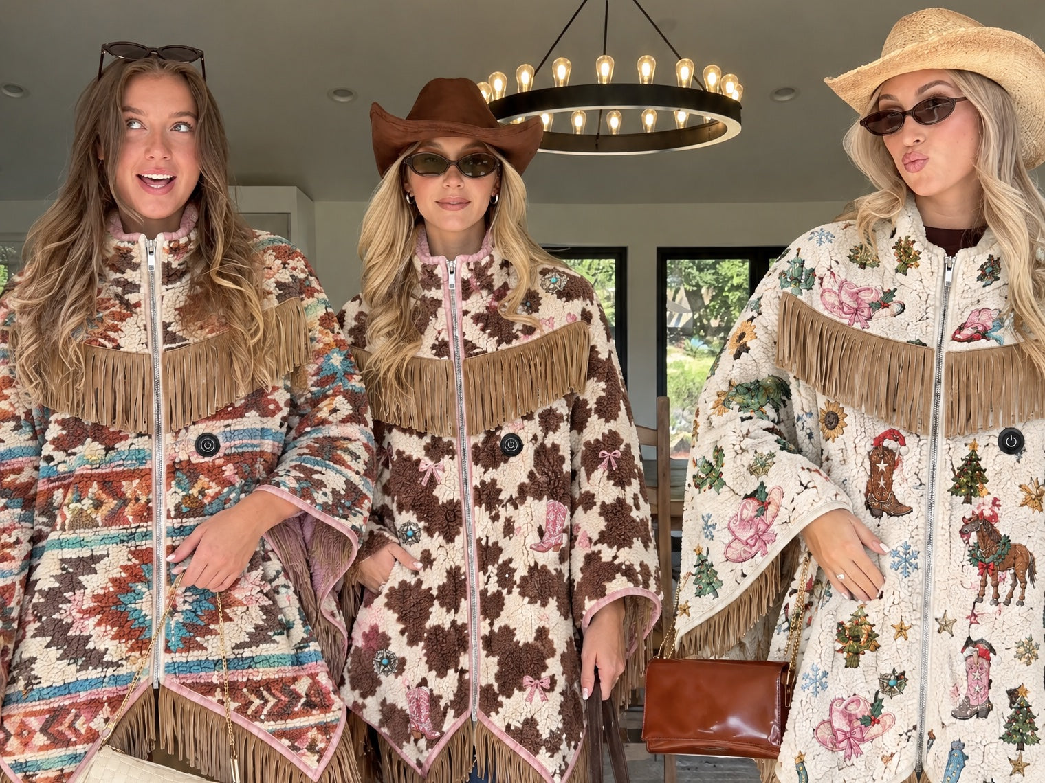 Three friends wearing the Cowhide, Aztec and Cowgirl Christmas heated ponchos