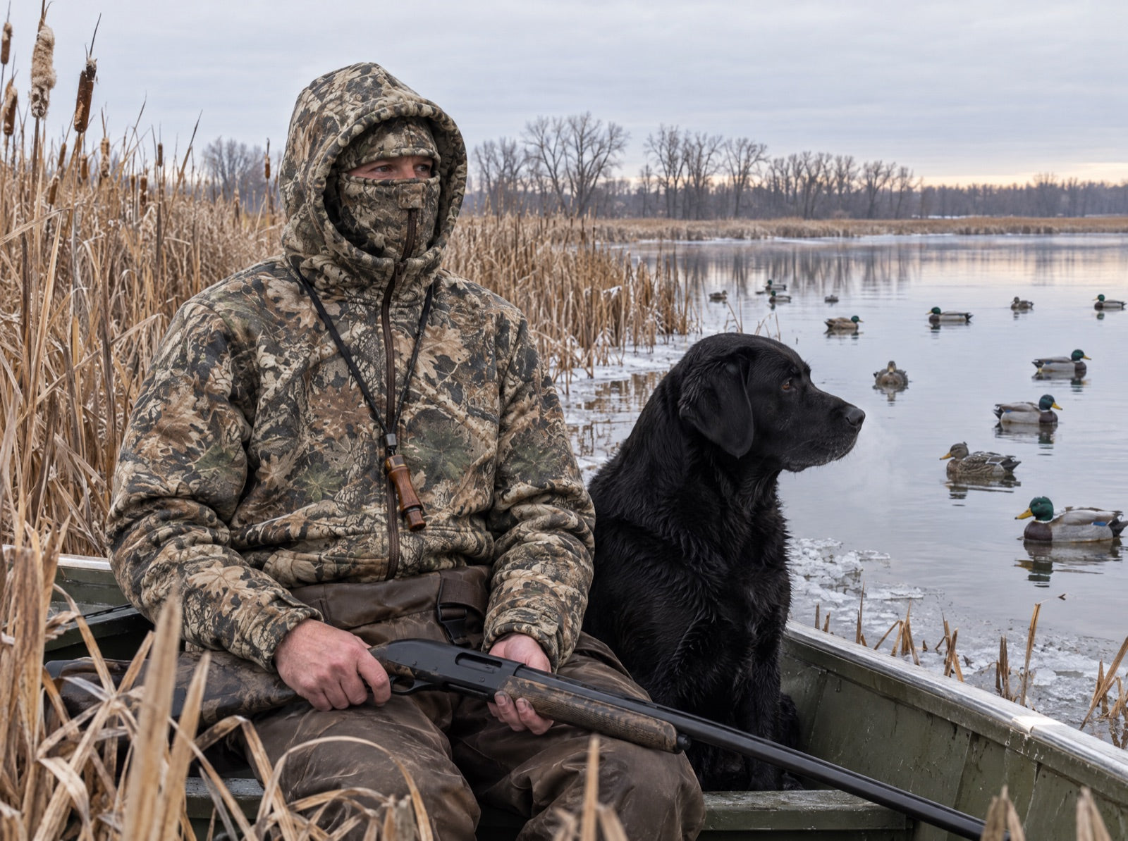 Duck hunter in a jon boat wearing the Hunter hoodie with the mask zipped up